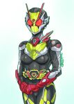  1girl antennae armor belt blue_background breasts highres humagear_headphones huujyu is_(kamen_rider_01) kamen_rider kamen_rider_01_(series) kamen_rider_zero-two mask own_hands_together red_eyes rider_belt signature solo 