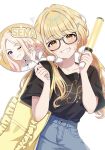  1girl bag black_shirt blonde_hair blunt_bangs blush collarbone collared_shirt commentary_request denim denim_skirt fujita_kotone gakuen_idolmaster glasses glowstick hair_ornament hairclip hand_fan holding holding_glowstick idolmaster juo_sena long_hair low_twintails one_eye_closed paper_fan sakura_ran shirt simple_background skirt smile solo twintails uchiwa white_background yellow_bag yellow_eyes 