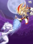  1boy 1other animal_nose artist_logo artist_name black_fur blue_eyes body_fur bracelet chest_fur colored_skin commentary crossover death_battle english_commentary forest full_moon furry furry_male gloves grey_skin hedgehog_boy highres inhibitor_rings jewelry kicking logo mega_mewtwo_x mega_pokemon mewtwo moon multicolored_skin nature night nostrils pokemon pokemon_(creature) punching purple_skin red_eyes red_fur red_shoes shadow_the_hedgehog shoes short_tail sonic_(series) super_shadow tail two-tone_fur two-tone_skin v-shaped_eyes white_gloves yellow_fur yopaart 