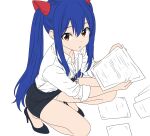  1girl black_shoes black_skirt blue_hair brown_hair collared_shirt commentary dot_nose english_commentary fairy_tail from_above full_body high_heels highres holding holding_paper lanyard long_hair long_sidelocks looking_at_viewer looking_up miniskirt office_lady panties pantyshot paper parted_lips pencil_skirt sesshoalex shirt shirt_tucked_in shoes sidelocks simple_background skirt sleeves_rolled_up solo squatting straight_hair three-quarter_sleeves twintails underwear unfinished very_long_hair wendy_marvell white_background white_panties white_shirt 