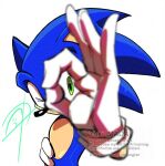  1boy commentary furry furry_male gloves green_eyes hand_on_own_hip male_focus ok_sign ok_sign_over_eye pungter signature simple_background sonic_(series) sonic_the_hedgehog untranslatable_commentary watermark white_background white_gloves 