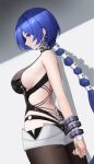  1girl absurdres arms_behind_back bound bound_wrists breasts chinese_commentary commentary_request crescent crescent_earrings earrings highres jewelry kuaidaowanlilai long_hair metal_wrist_cuffs promeia_(zenless_zone_zero) purple_eyes purple_hair purple_nails restrained solo zenless_zone_zero 