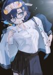  1girl absurdres black_skirt blue_archive blue_hair blue_halo blue_jacket breasts cellphone chihiro_(blue_archive) collared_shirt commentary_request cradling_phone dressing glasses green_eyes halo highres jacket large_breasts mask mask_on_head miniskirt morning phone pleated_skirt shirt short_hair skirt sleep_mask solo soyly_4 talking_on_phone toothbrush toothbrush_in_mouth watch white_shirt wristwatch 