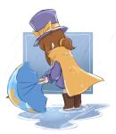  1girl a_hat_in_time blue_umbrella boots bow brown_boots brown_hair brown_pants cape child commentary english_commentary from_side full_body hair_tie hat hat_bow hat_kid hat_ribbon holding holding_umbrella jacket long_sleeves medium_hair pants ponytail puddle purple_hat purple_jacket rain ribbon sidelocks signature softum solo standing star_(symbol) top_hat umbrella white_background yellow_bow yellow_cape yellow_ribbon 