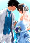  1boy 1girl black_eyes black_hair blue_background blue_dress blue_flower blue_gloves blue_neckwear blue_rose blue_vest bouquet breasts bridal_veil bride brown_eyes brown_hair cleavage closed_mouth couple dress earrings eye_contact flower gloves groom hair_bun holding holding_bouquet holding_hands husband_and_wife idolmaster idolmaster_cinderella_girls jacket jewelry large_breasts long_sleeves looking_at_another necktie nitta_minami open_clothes open_jacket pants parted_lips producer_(idolmaster) producer_(idolmaster_cinderella_girls_anime) purple_flower purple_rose rose smile tachibana_roku veil vest white_flower white_jacket white_pants white_rose 