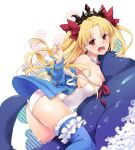  1girl ass bangs bare_shoulders blonde_hair blue_jacket blue_legwear breasts cleavage earrings ereshkigal_(fate) fate/grand_order fate_(series) fur-trimmed_hood fur_trim hair_ribbon highleg highleg_swimsuit hood hoop_earrings inflatable_dolphin inflatable_toy jacket jewelry long_hair long_sleeves looking_at_viewer medium_breasts nakajima_yuka necklace off_shoulder one-piece_swimsuit open_clothes open_jacket parted_bangs red_eyes ribbon single_thighhigh swimsuit thighhighs tiara two_side_up white_swimsuit 