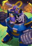  1boy absurdres armor cannon clenched_hands commentary drawloverlala english_commentary helmet highres humanoid_robot lamppost male_focus mega_man_(series) mega_man_x1 mega_man_x_(series) outstretched_hand purple_armor ride_armor_(mega_man) robot shoulder_cannon solo vile_(mega_man) weapon 