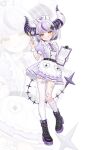  1girl absurdres alternate_costume apron bandaged_horn bandaged_leg bandages bandaid bandaid_hair_ornament bandaid_on_arm bandaid_on_leg bandaid_on_thigh belt black_belt black_boots black_hair black_horns black_nails blush boots cleavage_cutout clipboard clothing_cutout colored_shoe_soles commentary_request cross_hair_ornament crossed_bandaids demon_horns demon_tail dot_nose dress earrings enmaided fingernails flat_chest frilled_apron frills full_body garter_straps gauze gauze_on_knee gradient_hair grey_hair grin hair_ornament hands_up hat head_tilt heart high_heel_boots high_heels highres holding holding_clipboard holding_syringe hololive horns huge_horns jewelry la+_darknesss long_fingernails loose_hair_strand maid multicolored_boots multicolored_hair multicolored_horns natsumemugi necktie nurse nurse_cap pointy_ears projected_inset puffy_short_sleeves puffy_sleeves purple_dress purple_necktie purple_streaks short_hair short_necktie short_sleeves single_garter_strap single_hair_streak single_thighhigh smile solo standing standing_on_one_leg streaked_hair striped_horns syringe tail thighhighs two-tone_boots two-tone_horns unconventional_maid v-shaped_eyebrows virtual_youtuber white_apron white_background white_thighhighs white_wrist_cuffs wrist_cuffs x_hair_ornament yellow_eyes 