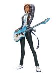  1boy artist_request bass_guitar belt black_choker black_pants blazer blue_belt blue_necktie bow breast_pocket brown_eyes brown_hair choker collared_shirt commentary dark-skinned_male dark_skin dress_shirt earrings emblem english_commentary full_body gold_trim grey_jacket grey_socks guitar_strap hair_bow hand_in_own_hair hand_on_own_head highres holding holding_bass_guitar holding_instrument instrument jacket jewelry king's_raid korean_commentary lapels loafers long_hair long_sidelocks mixed-language_commentary multilingual_commentary necktie official_alternate_costume official_art pants plaid_clothes plaid_jacket pocket school_uniform second-party_source shirt shirt_tucked_in shoes sidelocks simple_background socks solo suit_pants white_background white_shirt white_shoes zafir_(king's_raid) 