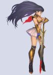  1girl armor asou_yuuko bikini_armor blood blood_on_weapon blue_hair bracer breasts cleavage closed_eyes commentary_request full_body gold_armor greaves high_heels highres holding holding_sword holding_weapon light_blue_background long_hair midriff miniskirt mugen_senshi_valis navel red_scarf scarf shoulder_pads simple_background skirt solo sword thighhighs urasato valis weapon 