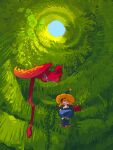  1girl baby_animal bag bird blue_boots blue_dress boots chick child curled_up day dekopoko dragon dress duck eating foliage food hat highres holding holding_food holding_sandwich leaf long_hair long_sleeves orange_hair original outdoors red_bag sandwich sitting sleeping solo sunlight western_dragon wide_shot witch witch_hat 