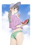  1girl ass bikini bikini_bottom_only blue_sky border bow bow_bikini braid braided_ponytail brown_eyes cloud commentary day earrings food fruit green_bikini green_bow grey_hair hair_bow hat highres holding holding_food holding_fruit hoop_earrings imasara_desu_ga_osananajimi_wo_suki_ni_natte_shimaimashita jewelry long_hair looking_at_viewer looking_back outdoors outside_border pink_shirt shirasaka_hikari shirt sky solo standing swimsuit thighs tied_shirt untranslatable_commentary watermelon white_border white_hat yomu_(sgt_epper) 