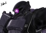  absurdres artist_name black_tri-stars cable character_name commentary_request exposed_internal_machinery glowing glowing_eye gundam gundam_msv highres kuroneko_koubou mecha mecha_focus mobile_suit mobile_suit_gundam no_humans one-eyed_mecha original portrait purple_eyes redesign robot science_fiction signature simple_background solo white_background zaku_i zeon 