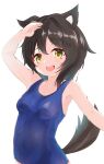  1girl :d absurdres animal_ear_fluff animal_ears arm_up bangs bare_arms bare_shoulders black_hair blue_swimsuit blush breasts brown_eyes clip_studio_paint_(medium) collarbone commentary_request covered_navel eyebrows_visible_through_hair hair_between_eyes hair_intakes highres maru_shion open_mouth original salute school_swimsuit simple_background small_breasts smile solo swimsuit tail upper_teeth white_background 