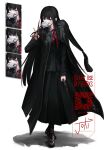  1girl black_coat black_eyes black_hair black_skirt black_vest blood blood_on_knife coat coat_on_shoulders collarbone commentary_request full_body glasgow_smile highres holding holding_knife holding_scissors japanese_urban_legends joki_yoh knife kuchisake-onna long_hair long_skirt looking_at_viewer mask mouth_mask multiple_expressions original partial_commentary pleated_skirt removing_mask scissors shirt simple_background skirt smile solo surgical_mask trench_coat undershirt vest white_background white_shirt wide_mouth 