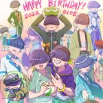  1girl 4lily 6+boys ^_^ animal_print aoba_johsai_volleyball_uniform aqua_hakama aqua_pants arm_around_shoulder arms_up backwards_hat bad_id bad_twitter_id ball baseball_cap bear_boy black_hat black_jacket black_neckerchief black_pants blonde_streaks blue_cape blue_haori blue_jacket blue_necktie blue_overalls blue_scarf blue_shirt blue_sweater_vest blush_stickers book boots bow bowtie bracelet camera cape child closed_eyes closed_mouth coat commentary_request cosplay covered_eyes creature creature_on_head dated ecolo_(puyopuyo) eighth_note fish_print furry furry_male green_jacket green_pants grin haikyuu!! hair_over_eyes hakama hakama_skirt hand_fan hand_in_pocket hand_on_own_chest hand_under_clothes haori happy_birthday hat head_chain highres holding holding_ball holding_book holding_camera holding_creature holding_fan holding_sheath hood hood_down hood_up hooded_coat hooded_jacket ishikawa_goemon_xiii ishikawa_goemon_xiii_(cosplay) jacket japanese_clothes jewelry kaito_(vocaloid) kaito_(vocaloid)_(cosplay) kendama lupin_iii male_focus mega_maguro midriff_sarashi mini_hat mini_maguro mini_top_hat multicolored_hair multiple_boys multiple_persona musical_note neckerchief necktie newsboy_cap notice_lines official_alternate_costume open_mouth orange_necktie overall_shorts overalls pants paper_fan print_shorts purple_bow purple_bowtie purple_coat purple_hair purple_jacket puyo_(puyopuyo) puyopuyo puyopuyo_7 puyopuyo_quest puyopuyo_tetris red_hair sarashi sasaki_maguro_(pike_stall) sasaki_maguro_(steam_city) sasaki_maguro_(street) sasaki_maguro_(tea_time) sasaki_maguro_(traveling_warlock) scarf sheath shirt shorts single-lens_reflex_camera skirt slime_(creature) smile streaked_hair striped_neckerchief sweatdrop sweater_vest tilted_headwear top_hat uchiwa vocaloid white_boots white_coat white_hat white_shirt 