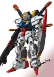  absurdres aeug artist_name beam_rifle cable commentary energy_gun glowing glowing_eyes gradient_background green_eyes gundam highres holding holding_energy_gun holding_weapon kuroneko_koubou mecha mecha_focus mobile_suit no_humans original redesign robot science_fiction shield solo v-fin weapon zeta_gundam zeta_gundam_(mobile_suit) 