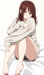  1girl absurdres barefoot blue_panties brown_eyes brown_hair commentary_request feet full_body grey_hoodie grey_shorts highres hood hoodie kapatarou knees_up long_hair looking_at_viewer mai_(kapatarou) nail_polish on_bed original panties panty_peek raised_eyebrow red_nails shorts simple_background sitting sleeves_past_wrists solo toenail_polish toenails toes underwear white_background 