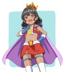  1girl :d absurdres aged_down black_hair blue_gloves cape collared_shirt commentary cowboy_shot cropped_shirt cropped_vest crown dark-skinned_female dark_skin fang genderswap genderswap_(mtf) gloves highres humanization komagoma kotobukiya_bishoujo looking_at_viewer medium_hair mesugaki miniskirt navel necktie purple_cape raised_inner_eyebrows red_eyes red_skirt red_vest shirt simple_background skin_fang skirt smile solo standing starscream starscream_(kotobukiya_bishoujo) transformers transformers:_generation_1 vest white_shirt yellow_necktie 