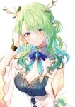  1girl amulet antlers bow bowtie braid branch breasts ceres_fauna cleavage earrings flower french_braid green_hair hair_flower hair_ornament highres hololive hololive_english jewelry leaf long_hair mole mole_under_eye myusha simple_background smile solo upper_body virtual_youtuber white_background yellow_eyes 