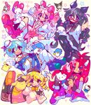  5girls akemi_homura akemi_homura_(magical_girl) animal_ears argyle_clothes argyle_footwear argyle_pantyhose beret black_bow black_hair blue_eyes blue_hair bow bow_choker braid bubble_skirt cape capelet cat_ears choker collared_cape collared_capelet cosplay dog_ears drill_hair fake_animal_ears fortissimo frilled_socks frills glasses hair_bow hair_ornament hairband hairclip hat hello_kitty hello_kitty_(character) hello_kitty_(character)_(cosplay) highres holy_quintet jack0ran kaname_madoka kaname_madoka_(magical_girl) kuromi kuromi_(cosplay) low_twin_braids magical_girl mahou_shoujo_madoka_magica mahou_shoujo_madoka_magica_(anime) mahou_shoujo_madoka_magica_movie_1_&amp;_2 miki_sayaka miki_sayaka_(magical_girl) multiple_girls musical_note musical_note_hair_ornament my_melody my_melody_(cosplay) my_melody_(series) pink_eyes pink_hair pompompurin pompompurin_(cosplay) ponytail purple_eyes rabbit_ears red-framed_eyewear red_choker red_eyes red_hair sailor_hat sakura_kyoko sakura_kyoko_(magical_girl) sanrio short_twintails skirt skirt_under_dress socks striped_clothes striped_thighhighs thighhighs tomoe_mami tomoe_mami_(magical_girl) tuxedo_sam tuxedo_sam_(cosplay) twin_braids twin_drills twintails vertical-striped_clothes vertical-striped_thighhighs white_cape 