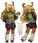  1girl animal_ears antlers artist_name black_dress black_eyes black_sleeves blonde_hair buck_teeth checkered_clothes checkered_sweater_vest checkered_vest citrusflower25 commentary curly_hair deer_antlers deer_ears deer_girl deltarune dress english_commentary freckles furry furry_female highres hooves horns multiple_views noelle_holiday reference_inset reindeer_girl simple_background socks sweater_vest teeth two-tone_sweater_vest utdr_(toby_fox) vest white_background white_socks 