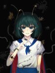  1girl absurdres ant antennae black_cape blue_eyes blue_shorts bug butterfly cape centipede collared_shirt commentary_request dragonfly green_hair highres insect_on_finger looking_at_viewer medium_hair peng_lai_shan_mi_ku praying_mantis puffy_short_sleeves puffy_sleeves red_cape scorpion shirt short_sleeves shorts solo spider touhou two-sided_cape two-sided_fabric white_shirt wriggle_nightbug 