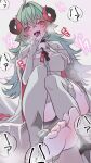  1girl :d absurdres ahoge animal_ears breasts commentary_request curled_horns dress elbow_gloves fang feet fingerless_gloves gloves goat_ears goat_girl green_hair hair_between_eyes highres horns iroi_(nte) large_breasts long_hair looking_at_viewer neverness_to_everness open_mouth purple_eyes riyoru simple_background skin_fang smile solo thighhighs toeless_legwear white_dress white_gloves white_thighhighs 