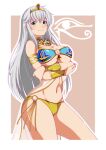  1girl armlet bangs bikini blue_bikini border bracer breast_hold breasts cleopatra_(oshioki_pyramid_den) closed_eyes closed_mouth commentary_request cowboy_shot crossed_arms green_eyes grey_background highres jewelry large_breasts long_hair looking_at_viewer mismatched_bikini navel neck_ring o-ring o-ring_bikini oshioki_pyramid_den outside_border qwel_08 silver_hair smile solo standing swimsuit tiara usekh_collar white_border yellow_bikini yellow_headwear 