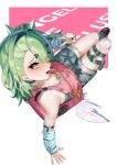  1girl absurdres aria_(human)_(zenless_zone_zero) aria_(zenless_zone_zero) arm_warmers bag bare_shoulders blush breasts character_print choker cleavage commentary from_behind green_eyes green_hair hair_ornament hairclip highres itz_bob21 leaning_back looking_at_viewer multiple_thigh_straps nangong_yu official_alternate_costume open_mouth pink_bag pink_shirt self_character_print shirt shorts single_thighhigh sitting small_breasts solo striped_arm_warmers sunna_(delusions_in_business)_(zenless_zone_zero) sunna_(zenless_zone_zero) thigh_strap thighhighs untranslatable_commentary v white_thighhighs white_wings winged_bag wings zenless_zone_zero 