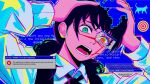  1girl black_hair black_vest blue_background blue_eyes cat chainsaw_man choppy_bangs collared_shirt commentary cross_scar error_message eyelashes fourth_east_high_school_uniform hands_on_own_head heterochromia highres long_shirt long_sleeves mccheese mitaka_asa neck_ribbon open_mouth red_eyes ribbon ringed_eyes scar scar_on_cheek scar_on_face scar_on_nose school_uniform screaming shirt teeth twintails vest white_shirt yoru_(chainsaw_man) 