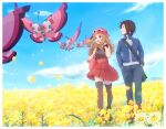  1boy 1girl :d bag blonde_hair blush boots border bracelet brown_hair bug butterfly calem_(pokemon) closed_mouth cloud commentary_request day field flower flower_field gen_6_pokemon hat highres holding_strap insect jacket jewelry long_hair looking_to_the_side open_mouth outdoors pants pink_bag pink_headwear pleated_skirt pokemon pokemon_(creature) pokemon_(game) pokemon_xy red_skirt serena_(pokemon) shirt shoes shoulder_bag skirt sky sleeveless sleeveless_shirt smile standing thighhighs tongue twitter_username vivillon white_border yairo_(sik_s4) yellow_flower 