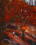  1other ambiguous_gender animal aqua_pants autumn autumn_leaves bicycle commentary dalmatian dog english_commentary falling_leaves highres lamppost laura_el leaf night on_bicycle original outdoors pants park pet pond riding riding_bicycle scenery shadow shirt signature tree very_wide_shot white_shirt 