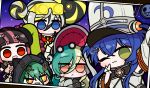  5girls :3 absurdres black_hair blonde_hair blue_eyes blue_hair bonnet chibi chibi_only commentary duel_monster green_eyes green_hair grey_hair hair_between_eyes hair_bun hat helln0 highres kewl_tune_clip kewl_tune_cue kewl_tune_mix kewl_tune_reco kewl_tune_rotary looking_at_viewer mini_hat mini_shako_cap multicolored_hair multiple_girls one_eye_closed pink_eyes pink_hair red_eyes see-through_hat selfie shako_cap sharp_teeth teeth v white_hair yellow_eyes yu-gi-oh! 