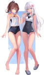  2girls barefoot blue_eyes blue_one-piece_swimsuit brown_eyes commentary_request covered_navel crop_top flower full_body hair_flower hair_ornament hasaki_(alice_ruru) highres i-401_(kancolle) kantai_collection long_hair looking_at_viewer multiple_girls one-piece_swimsuit orange_sailor_collar ponytail ro-500_(kancolle) sailor_collar sandals school_swimsuit short_ponytail side-tie_shirt smile swimsuit swimsuit_under_clothes tachi-e tan 