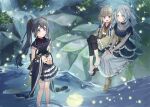  3girls bare_shoulders black_hair detached_sleeves fireflies hair_ornament highres hiroe_chiharu japanese_clothes light_blue_hair long_hair magia_record:_mahou_shoujo_madoka_magica_gaiden magical_girl mahou_shoujo_madoka_magica moss multiple_girls nature outdoors ribbon sandals shallow_water sitting smile standing stream toki_sunao tokime_shizuka tree veil water yukishiro_(hitsuji) 