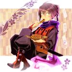  1boy black_pants boots colored_eyebrows colored_eyelashes commentary_request cross_scar eating food full_body hair_between_eyes holding long_hair male_focus mizuchaya_youkan ninja official_alternate_color pants ponytail puffy_pants purple_hair purple_scarf scar scar_on_cheek scar_on_face scarf sekaiju_no_meikyuu sekaiju_to_fushigi_no_dungeon shinobi_(sekaiju) shinobi_1_(sekaiju) solo 