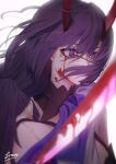  2girls bangs bare_shoulders blood blood_on_face blood_on_weapon blurry blurry_foreground freze hair_between_eyes holding holding_sword holding_weapon honkai_(series) honkai_impact_3rd horns katana multiple_girls purple_eyes purple_hair raiden_mei raiden_mei_(herrscher_of_thunder) simple_background solo_focus sword weapon white_background wide-eyed 