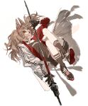  1girl :3 absurdres angelina_(arknights) animal_ears arknights ashiki200 black_collar black_gloves black_shirt black_shorts black_socks brown_hair coat collar floating_clothes floating_hair fox_ears fox_girl full_body gloves hairband highres holding holding_staff jacket kneehighs long_hair long_sleeves looking_at_viewer multicolored_hairband open_clothes open_coat open_jacket red_eyes red_hairband red_jacket shirt shoe_soles shoes short_shorts shorts simple_background sneakers socks solo staff striped_clothes striped_hairband twintails two-tone_hairband white_background white_coat white_hairband 
