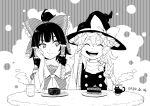  2girls :d ^_^ ahoge animal_print ascot bare_shoulders blush bow braid buttons cake cake_slice cat_print cheek_pinching closed_eyes closed_mouth commentary_request cup dated detached_sleeves facing_viewer food frilled_bow frilled_hair_tubes frills greyscale grin hair_bow hair_tubes hakurei_reimu hand_on_own_cheek hand_on_own_face happy hat hat_bow inuno_rakugaki kirisame_marisa long_hair long_sleeves looking_at_viewer medium_hair monochrome mug multiple_girls nontraditional_miko open_mouth pinching plate ribbon ribbon-trimmed_sleeves ribbon_trim shirt side_braid sidelocks simple_background single_braid sitting sleeveless smile steam table teeth touhou upper_body upper_teeth_only v vest wide_sleeves witch_hat yunomi 