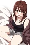  1girl black_camisole blush breasts brown_eyes brown_hair brown_jacket camisole commentary_request figure_four_sitting from_above grey_shorts highres jacket jacket_partially_removed kapatarou long_hair looking_at_viewer looking_up mai_(kapatarou) medium_breasts open_mouth original shorts sitting sleeves_past_wrists solo 