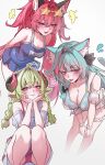  +++ 3girls :3 absurdres ahoge animal_ear_fluff animal_ears bare_shoulders breasts cat_ears cat_girl collarbone colored_eyelashes commentary_request curled_horns fang goat_ears goat_girl green_hair hair_between_eyes hair_ornament heart highres horns iroi_(nte) iroi_(summer_dream)_(nte) large_breasts long_sleeves looking_at_viewer mint_(nte) mint_(saltwater_taffy)_(nte) multicolored_hair multiple_girls nanally_(nte) nanally_(sunny_surf)_(nte) neverness_to_everness official_alternate_costume open_mouth purple_eyes red_eyes riyoru simple_background skin_fang smile star-shaped_eyewear star_(symbol) 