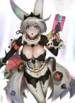  1girl absurdres ahoge animal_ears belt blue_eyes breasts cleavage dress elphelt_valentine guilty_gear guilty_gear_xrd hairband highres randy_(awesomevillage) short_hair spiked_hairband spikes white_dress 