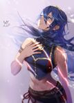  1girl arm_strap blue_eyes blue_hair crop_top fire_emblem fire_emblem_awakening floating_hair hairband long_hair looking_up lucina_(fire_emblem) mayo_(becky2006) midriff navel open_mouth shiny shiny_hair solo standing stomach very_long_hair yellow_hairband 