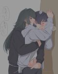  2girls biting biting_ear black_hoodie closed_eyes clothes_lift commentary covering_own_mouth from_side gakuen_idolmaster green_eyes green_hair grey_hair grey_hoodie hand_on_wall hand_over_own_mouth hand_under_clothes hataya_misuzu heavy_breathing highres hood hoodie idolmaster implied_fingering long_hair long_sleeves midriff multiple_girls navel noka_(cvcw5858) open_mouth purple_hair shirt_lift sweat tearing_up translation_request tsukimura_temari yuri 