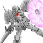  beam_shield commentary_request crossbone_vanguard den'an_zon emblem green_eyes gundam gundam_f91 highres kuroneko_koubou logo mecha mecha_focus mobile_suit no_humans robot roundel science_fiction shot_lancer simple_background solo white_background 