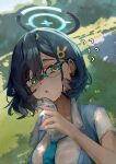  1girl blue-framed_eyewear blue_archive blue_hair blue_halo blue_necktie blue_sweater_vest blush bottle chihiro_(blue_archive) collared_shirt commentary flying_sweatdrops glasses green_eyes hair_ornament halo highres holding holding_bottle hot minibi_(minibeat) necktie outdoors parted_lips plastic_bottle rabbit_hair_ornament semi-rimless_eyewear shirt short_hair solo sweat sweater_vest under-rim_eyewear water_bottle white_shirt 