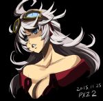  1girl bare_shoulders blue_eyes breasts cleavage collarbone curly_hair goggles goggles_on_head haruyama_kazunori large_breasts long_hair project_x_zone project_x_zone_2 simple_background solo urashima_chizuru white_hair 