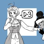  2girls :o ahoge ascot blue_background closed_mouth commentary_request dark-skinned_female dark_skin dg_sherbet dreadlocks dress frilled_ascot frills gloves greyscale_with_colored_background hair_bun hand_to_own_mouth highres kisiel_(sherbet_above_the_sea_of_fog) kiss kissing_hand korean_commentary multiple_girls official_artist_extra sherbet_(sherbet_above_the_sea_of_fog) sherbet_above_the_sea_of_fog short_hair single_hair_bun speech_bubble yuri 