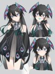  1girl bare_shoulders black_dress black_gloves black_hair blue_hair blue_tongue colored_tongue commentary dress elbow_gloves ethereal_(zenless_zone_zero) extra_eyes gloves grey_background highres humanization liushifen0031 long_hair looking_at_viewer multicolored_eyes multiple_views open_mouth parted_lips purple_eyes simple_background smile ulidim_(zenless_zone_zero) zenless_zone_zero 